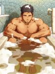  1boy abs bara barefoot bathtub black_hair closed_mouth gentle2nd large_pectorals looking_at_viewer male_focus mature_male muscular muscular_male nipples nude original pectorals short_hair solo stomach 