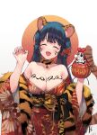  1girl 2022 animal_ears bangs bare_shoulders bell body_writing breasts cleavage closed_eyes dark_blue_hair facial_mark facing_viewer fangs flower fur fur-trimmed_collar hair_flower hair_ornament hands_up highres holding idolmaster idolmaster_million_live! idolmaster_million_live!_theater_days japanese_clothes kimono kitakami_reika large_breasts long_hair low_twintails neck_bell nys open_mouth paw_pose solo tail tiger_ears tiger_tail twintails upper_body whisker_markings yellow_eyes 
