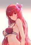  1girl artist_name backlighting bare_shoulders bikini breasts closed_mouth commentary_request fate/grand_order fate_(series) flower gradient gradient_background hair_flower hair_ornament large_breasts long_hair looking_at_viewer pink_flower purple_bikini red_eyes red_hair scathach_(fate) scathach_(swimsuit_assassin)_(fate) smile solo swimsuit tenshin_kagehisa twitter_username underboob upper_body very_long_hair white_background 
