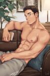  1boy abs bara brown_hair closed_mouth commentary gentle2nd glasses large_pectorals looking_at_viewer male_focus mature_male muscular muscular_male navel nipples original pectorals short_hair solo stomach topless topless_male 