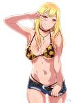  1girl bangs belt bikini blonde_hair blush bracelet choker earrings fake_nails floral_print grin highres jewelry kitagawa_marin long_hair looking_at_viewer navel navel_piercing necklace piercing red_eyes shorts simple_background smile solo sono_bisque_doll_wa_koi_wo_suru suna swimsuit w white_background 