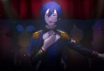  blue_eyes blue_hair curtains dark epaulettes highres kagamine_len kagamine_rin kaito_(vocaloid) male_focus megurine_luka meiko nail_polish parang_99 project_sekai smile solo_focus vocaloid 