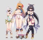  3girls ahoge animal_ears ankle_boots bangs black_hair blindfold blush boots braid breasts brown_hair cat_ears choker cleavage clothing_cutout collar corruption covered_navel crown detached_sleeves drill_hair female_orgasm grey_background groin hair_between_eyes heart heart_choker highleg highleg_leotard highres karyl_(princess_connect!) knee_boots knees_together_feet_apart kokkoro_(princess_connect!) large_breasts leotard medium_breasts multicolored_hair multiple_girls navel_piercing nipple_piercing nipples no_bra orgasm pecorine_(princess_connect!) piercing plant pointy_ears princess_connect! pubic_tattoo puffy_sleeves puririn pussy_juice revealing_clothes see-through see-through_sleeves shoes short_hair shrug_(clothing) side_braid silver_hair simple_background small_breasts spiked_collar spikes standing streaked_hair tattoo tentacles thigh_strap thighhighs twintails vines 