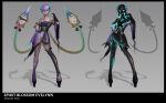  1girl absurdres alternate_costume animal_print artist_name bangs bare_shoulders black_legwear black_skin braid breasts butterfly_print cleavage colored_skin contrapposto dark_skin detached_sleeves dress earrings english_commentary evelynn_(league_of_legends) glowing glowing_eyes glowing_skin hair_between_eyes highres horns jewelry large_breasts league_of_legends long_hair off-shoulder_dress off_shoulder pointy_ears purple_dress sandals sidelocks single_thighhigh smile solo spirit_blossom_(league_of_legends) thighhighs twin_braids very_long_hair vincent_t_(oriaarts) 