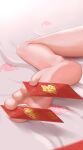  1girl absurdres bare_legs barefoot bed_sheet between_toes feet foot_focus foot_hold highres mixed-language_commentary mu_xue_(1024612186) nengajou new_year original out_of_frame soles toenails toes 