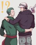  !? 2boys ^_^ ^o^ black_hair closed_eyes from_behind green_hair hand_on_another&#039;s_hip hand_on_another&#039;s_shoulder hat holding holding_sword holding_weapon looking_at_another male_focus multiple_boys one_piece roronoa_zoro sheath sheathed shido simple_background sleeves_rolled_up sword trafalgar_law weapon 