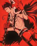  1boy alternate_costume facial_hair from_behind fur_coat gloves holding holding_sword holding_weapon horns looking_at_viewer looking_back male_focus one_piece red_background red_theme sheath sheathed shido solo sword tattoo topless_male trafalgar_law weapon 