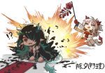  !? 2girls :d arknights bangs bare_shoulders black_hair black_jacket blue_shorts calligraphy calligraphy_brush chibi commentary_request dusk_(arknights) explosion fang firecrackers gloves green_gloves green_hair hair_over_one_eye horns jacket long_hair long_sleeves mabing multicolored_hair multiple_girls nian_(arknights) off_shoulder open_clothes open_jacket paintbrush purple_eyes red_eyes red_gloves red_hair seiza shirt short_shorts shorts sitting sleeveless sleeveless_shirt smile streaked_hair surprised tail very_long_hair white_background white_hair white_jacket white_shirt wide_sleeves 
