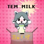  &lt;3 blush bodily_fluids box canid canine clothed clothing container elwone felid feline hair heart_background jar mammal milk one_eye_half-closed open_mouth simple_background sweat tem temmie_(undertale) text topwear undertale undertale_(series) video_games white_body 