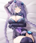  1girl arm_up bangs blue_eyes blush braid breasts choujigen_game_neptune covered_navel eyebrows_visible_through_hair highres keenh large_breasts leotard long_hair looking_at_viewer lying neptune_(series) on_back parted_lips purple_hair purple_heart purple_leotard solo thighs twin_braids 