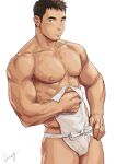  1boy abs bara closed_mouth commentary fundoshi gentle2nd japanese_clothes large_pectorals male_focus mature_male muscular muscular_male navel nipples original pectorals solo stomach topless topless_male 