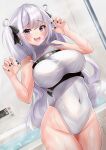  1girl absurdres azur_lane bath bathroom bathtub bouhuuu breasts claw_pose dripping elbe_(azur_lane) hair_ribbon highres large_breasts legs_together leotard open_mouth purple_eyes ribbon skin_tight skindentation solo steam thick_thighs thighs twintails wet white_hair white_leotard 