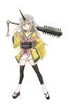  1girl club_(weapon) grey_hair highres holding holding_weapon horns japanese_clothes kanabou kinfuji kureha_yuna long_hair magia_record:_mahou_shoujo_madoka_magica_gaiden mahou_shoujo_madoka_magica oni shorts single_horn solo spiked_club weapon white_background yellow_eyes 
