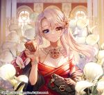  1girl apple_caramel bag bangs bare_shoulders blue_eyes character_request closed_mouth commentary_request dice dress eyebrows_visible_through_hair flower game_of_dice grey_hair hair_between_eyes hair_ornament hand_up head_tilt heterochromia holding holding_bag long_hair long_sleeves off-shoulder_dress off_shoulder official_art parted_bangs red_dress short_sleeves smile solo upper_body white_flower wide_sleeves yellow_eyes 