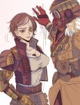  1girl 1other ambiguous_gender apex_legends belt black_belt bloodhound_(apex_legends) blush breasts brown_hair brown_pants cable cleavage eyepatch fur_trim fuse_(apex_legends) genderswap genderswap_(mtf) gloves goggles grey_hair grey_tank_top helmet highres jewelry kabedon mechanical_arms medium_breasts multicolored_hair necklace one_eye_covered pants rebreather red_eyes red_gloves scar scar_across_eye short_hair single_mechanical_arm streaked_hair tank_top tu_tu_(ouxiyan) 