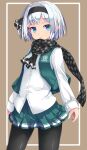  adapted_costume black_bow black_hairband black_neckwear black_ribbon blue_eyes bob_cut bow bowtie breasts green_skirt green_vest hair_ribbon hairband highres konpaku_youmu ribbon shirt short_hair silver_hair skirt skirt_set small_breasts touhou uumaru vest white_shirt 