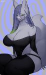  absurd_res anthro big_breasts breasts canid canine cleavage clothed clothing female fur grey_body grey_fur hair hi_res legwear long_hair mammal solo suurin_2 thigh_highs 