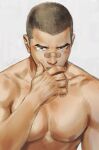  1boy bara black_eyes closed_mouth covered_mouth covering_mouth gentle2nd hand_over_own_mouth large_pectorals looking_at_viewer male_focus mature_male muscular muscular_male nipples nude original pectorals short_hair solo stomach 