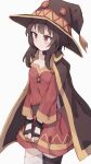  1girl bandaged_leg bandages belt black_cape black_gloves black_hair black_legwear blush brown_eyes cape commentary cowboy_shot dress fingerless_gloves frown gloves hat highres kono_subarashii_sekai_ni_shukufuku_wo! long_hair long_sleeves looking_away megumin red_dress shone simple_background single_thighhigh solo thighhighs white_background witch_hat 