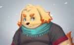  2022 aipangpangdeyua anthro biped black_nose brown_body canid canine canis clothing cu_sith_(tas) domestic_dog hi_res kemono lifewonders mammal overweight portrait scarf shirt simple_background solo tokyo_afterschool_summoners topwear video_games 