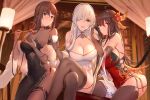 3girls ahoge anastasia_(fate) aqua_eyes black_hair brown_eyes brown_hair china_dress chinese_clothes choko_(cup) chopsticks cleavage_cutout clothing_cutout cup curtains dress elbow_gloves fate/empire_of_dirt fate/grand_order fate_(series) food gloves hair_ornament hair_over_one_eye indoors lamp liu_xiu_(fate/empire_of_dirt) looking_at_viewer multiple_girls open_mouth red_dress red_eyes side_slit silver_hair sleeveless sleeveless_dress smile sushi swd3e2 thighhighs yu_mei-ren_(fate) 