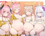  4girls animal_costume animal_ears animal_hands animal_print azusa_(blue_archive) bikini blue_archive blush bodypaint chinese_zodiac gloves halo hanako_(blue_archive) hand_on_own_face hifumi_(blue_archive) highres koharu_(blue_archive) light_brown_hair looking_at_viewer low_twintails multiple_girls nanasumi_(pantie_party_project) paw_gloves pink_eyes pregnant print_bikini purple_eyes smile swimsuit tail tiger_costume tiger_ears tiger_girl tiger_print tiger_tail twintails white_tiger_print wing_hair_ornament year_of_the_tiger 