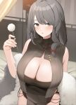  1girl :o arm_behind_back azur_lane bangs bare_shoulders bed_sheet black_leotard blush bow breasts charybdis_(azur_lane) charybdis_(red_chamber_of_healing)_(azur_lane) cleavage covered_navel earrings flower_earrings fur_scarf grey_eyes grey_hair hair_bow highres holding jewelry large_breasts leotard long_hair looking_at_viewer low-tied_long_hair mimikaki official_alternate_costume open_mouth pelvic_curtain red_bow sakamotono sleeveless solo swept_bangs 