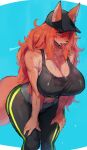  2021 absurd_res anthro baseball_cap big_breasts biped bodily_fluids bottomwear breasts breath canid canine cleavage clothed clothing countershade_fur countershading digital_media_(artwork) female fox front_view fur furgonomics green_eyes hair hat headgear headwear hi_res kemono long_hair mammal mature_female midriff navel nipple_outline panting pants portrait pupils red_body red_fur red_hair shaded simple_background slit_pupils solo sportswear suurin_2 sweat three-quarter_portrait tongue tongue_out wide_hips yoga_pants 