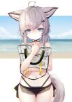  1girl :&lt; ahoge animal_ear_fluff animal_ears arknights bag bangs bikini bikini_bottom_only black_bikini blue_eyes blue_sky breasts closed_mouth cloud collarbone commentary_request cowboy_shot day eorx eyebrows_visible_through_hair grey_hair hand_up holding holding_bag horizon looking_at_viewer low_twintails navel ocean sidelocks sky small_breasts solo standing sussurro_(arknights) swimsuit tail thigh_gap topless transparent twintails water 