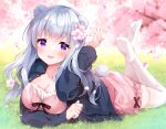  1girl animal_ears arm_up bear_ears bear_girl bear_tail black_jacket blurry blurry_background branch breasts cleavage collarbone commentary_request depth_of_field dress flower grass grey_hair hair_flower hair_ornament highres irori jacket legs_up long_hair looking_at_viewer lying medium_breasts no_shoes on_grass on_stomach open_clothes open_jacket original pink_dress pink_flower purple_eyes sleeves_past_wrists soles solo tail thighhighs white_legwear 