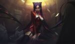  1girl absurdres alternate_costume bangs between_legs black_hair breasts closed_mouth english_commentary evelynn_(league_of_legends) garter_straps hair_horns hand_between_legs highres jacket large_breasts league_of_legends long_hair long_sleeves looking_at_viewer red_jacket smile solo thighhighs very_long_hair vincent_t_(oriaarts) 
