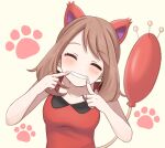  1girl bangs bare_arms blush breasts brown_hair closed_eyes collarbone cosplay eyebrows_visible_through_hair eyelashes fingernails fingersmile grin hands_up highres long_hair may_(pokemon) nasakixoc paw_print paw_print_background pokemon pokemon_(game) pokemon_ears pokemon_oras pokemon_tail red_shirt shirt skitty skitty_(cosplay) sleeveless sleeveless_shirt smile solo symbol-only_commentary tail teeth upper_body 