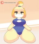  absurd_res animal_crossing anthro blonde_hair breasts canid canine canis cleavage clothed clothing domestic_dog female hair hi_res isabelle_(animal_crossing) kneeling mammal nintendo one-piece_swimsuit onigiri_punch shih_tzu smile solo swimwear thick_thighs toy_dog video_games 