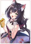  1girl ;d animal_ear_fluff animal_ears bare_arms black_hair black_ribbon blurry blurry_background blush bustier cat_ears cat_girl cat_tail fang floating_hair food framed green_eyes holding holding_food iku2727 karyl_(princess_connect!) long_hair neck_ribbon one_eye_closed open_mouth princess_connect! purple_skirt ribbon sandwich shiny shiny_hair shirt skirt sleeveless sleeveless_shirt smile solo tail very_long_hair white_background white_shirt 