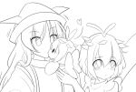  2girls antennae blush butterfly_wings character_doll closed_mouth doll dress eternity_larva eyebrows_visible_through_hair fairy hair_between_eyes hat heart holding holding_doll leaf leaf_on_head lineart long_hair matara_okina monochrome motion_lines multiple_girls short_hair simple_background tabard touhou unfinished upper_body white_background wings yu_cha 