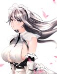  1girl azur_lane bare_shoulders beefusteku breasts charybdis_(azur_lane) from_side grey_eyes grey_hair highres large_breasts long_hair looking_at_viewer maid maid_headdress petals sideboob simple_background solo standing underboob upper_body white_background 