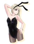  1girl absurdres animal_ears arm_up bare_arms bare_shoulders black_hairband black_leotard breasts cleavage closed_mouth collarbone cowboy_shot cropped_legs eyebrows_visible_through_hair fake_animal_ears fishnet_legwear fishnets hairband hand_on_hip highres leotard love_live! love_live!_nijigasaki_high_school_idol_club nail_polish nakasu_kasumi pantyhose playboy_bunny rabbit_ears red_eyes s_sho_mkrn shiny shiny_hair short_hair silver_hair simple_background small_breasts smile solo strapless strapless_leotard white_background wrist_cuffs yellow_nails 