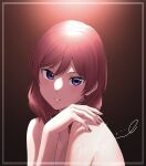  1girl absurdres bangs brown_background collarbone framed hair_between_eyes highres long_hair looking_at_viewer love_live! love_live!_school_idol_project nail_polish nishikino_maki nude parted_lips purple_eyes red_hair red_nails s_sho_mkrn solo straight_hair upper_body 