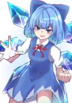  1girl bangs blue_bow blue_dress blue_eyes blue_hair bow cirno collared_shirt dress hair_bow highres ice ice_wings neck_ribbon open_mouth puffy_short_sleeves puffy_sleeves red_neckwear ribbon rurimaringo shirt short_hair short_sleeves smile solo touhou wings 