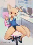  2021 absurd_res aggressive_retsuko anthro blouse breasts camel_toe canid canine cellphone chair claws clothing computer feliscede female fennec fenneko footwear fox furniture gesture hi_res mammal office office_chair on_chair panties phone red_eyes sanrio selfie shirt shoes sitting sitting_on_chair smartphone solo table tongue tongue_out topwear underwear v_sign white_clothing white_shirt white_topwear 