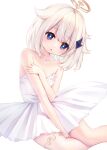  1girl ballerina bare_shoulders between_legs blue_eyes dress genshin_impact hair_ornament halo hand_between_legs paimon_(genshin_impact) re_xiangbin short_hair simple_background single_thighhigh solo strapless strapless_dress thighhighs thighs tutu white_background white_dress white_hair white_legwear 