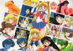  1990s_(style) 1boy 4girls aino_minako animal_on_shoulder back_bow bird bird_on_shoulder bishoujo_senshi_sailor_moon black_eyes black_hair blonde_hair blue_eyes blue_skirt bouquet bow brown_hair choker copyright_name double_bun earrings elbow_gloves gloves green_eyes hair_bow hino_rei inner_senshi japanese_clothes jewelry kino_makoto leotard long_hair looking_at_viewer miko miniskirt mizuno_ami multiple_girls multiple_views non-web_source official_art open_mouth panels pleated_skirt retro_artstyle sailor_jupiter sailor_mars sailor_mercury sailor_moon sailor_venus scan skirt smile star_(symbol) star_earrings tiara tsukino_usagi twintails very_long_hair 