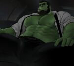 1boy abs bad_id bad_twitter_id bara bare_pectorals beard black-framed_eyewear bulge colored_skin facial_hair feet_out_of_frame glasses green_skin jang_ju_hyeon large_pectorals looking_at_viewer male_focus mature_male monster_boy muscular muscular_male navel nipples open_clothes open_shirt orc original pectorals reward_available salaryman short_hair sitting solo stomach thick_eyebrows thick_thighs thighs undone_necktie 