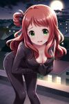 1girl absurdres agatsuma_ren alternative_girls black_bodysuit bodysuit breasts cleavage eyebrows_visible_through_hair fang full_moon green_eyes hand_on_own_chest highres long_hair looking_at_viewer moon night official_art open_mouth outdoors red_hair solo 