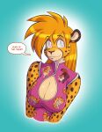  anthro big_breasts breasts cheetah clothing conditional_dnp dialogue dynamite_(kadath) english_text felid feline female hi_res kadath looking_at_viewer mammal smile solo text 