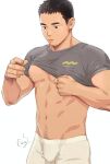  1boy abs bara closed_mouth clothes_lift commentary_request gentle2nd large_pectorals male_focus male_underwear mature_male muscular muscular_male navel nipples original pectorals shirt_lift short_hair solo underwear white_male_underwear 