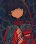  1girl :| abstract_background absurdres bangs bleeding blood blood_on_clothes blood_on_hands blouse blue_blouse blunt_bangs closed_mouth expressionless eyebrows_visible_through_hair flower frilled_shirt_collar frilled_sleeves frills hair_ornament hands_up heart heart_hair_ornament highres holding holding_flower ichinose_(kurui96) komeiji_satori plant purple_eyes purple_hair red_eyes red_flower red_rose ribbon_trim rose short_hair solo third_eye thorns touhou upper_body vines 