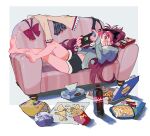  1girl blush bow bowtie bowtie_removed chips couch domino&#039;s_pizza folded_leg food french_fries highres jacket jewelry long_hair mahou_shoujo_madoka_magica messy_hair navel nintendo_switch pizza playing_games pocky ponytail popcorn potato_chips red_eyes red_hair relaxing ring sakura_kyouko shorts simple_background symbol-only_commentary tissue_box tsurime yooki_(winter_cakes) 