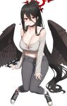  1girl absurdres alternate_costume arm_at_side bare_shoulders black_footwear black_hair black_nails black_wings blue_archive breasts casual cleavage closed_mouth collarbone eyebrows_visible_through_hair feathered_wings full_body grey_pants grey_shirt hair_between_eyes halo hasumi_(blue_archive) heart highres invisible_chair large_breasts long_hair long_sleeves looking_at_viewer mochirong mole mole_under_eye nail_polish navel off-shoulder_shirt off_shoulder pants ponytail red_eyes shirt shoes sidelocks simple_background sitting sleeves_past_wrists smile sneakers solo thigh_gap very_long_hair white_background wings 