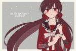  108_(toowa) 1girl bangs black_sailor_collar blush border bow bowtie bracelet brown_hair collarbone commentary_request danganronpa_(series) danganronpa_v3:_killing_harmony dated grey_bow grey_bowtie happy_birthday harukawa_maki highres jewelry long_hair long_sleeves low_twintails mole mole_under_eye red_eyes red_scrunchie red_shirt sailor_collar scrunchie shirt smile solo star_(symbol) star_print twintails twitter_username upper_body white_border 